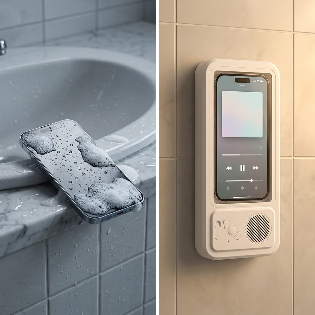 Avant : téléphone mouillé au bord du lavabo. Après : téléphone protégé dans le support Futurfeed
