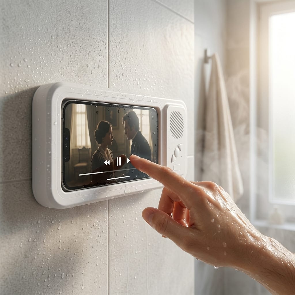 Série en mode paysage dans le support Futurfeed, sous la douche