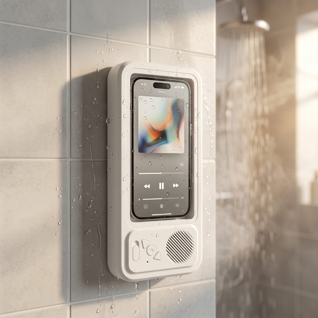 Support Futurfeed fixé au mur d’une douche, musique en cours
